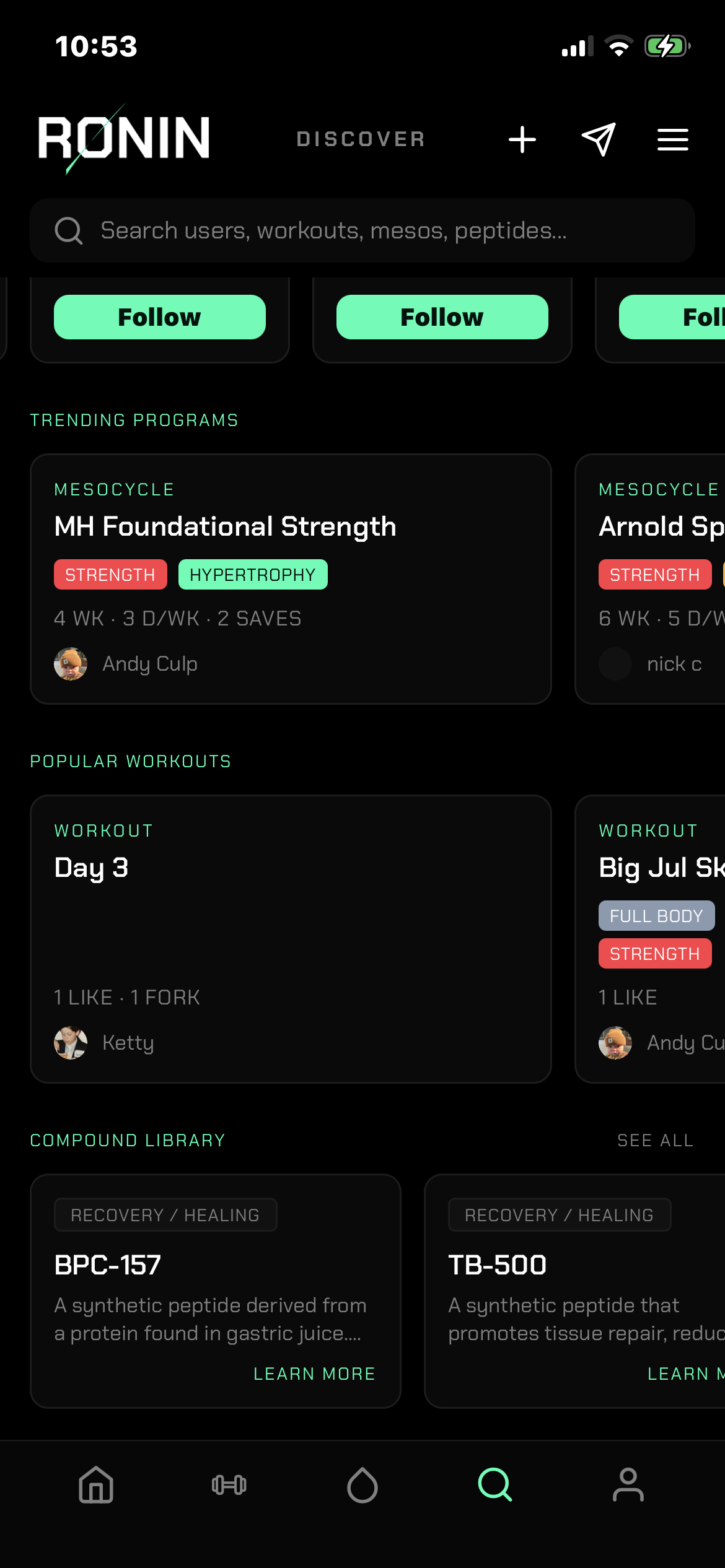 RONIN discover feed showing trending programs and workouts from other athletes