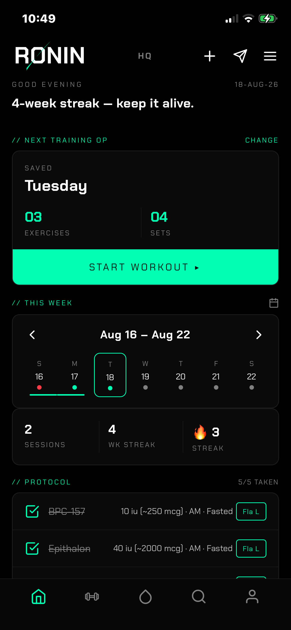 RONIN home screen showing today's training and streak