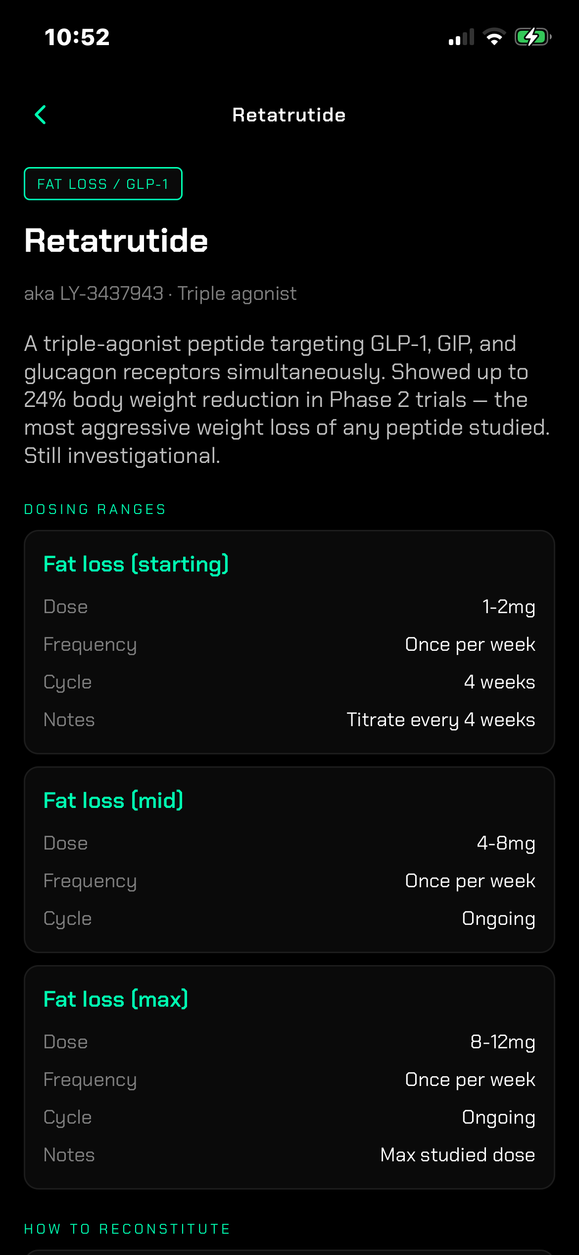 RONIN protocol detail screen showing a peptide reference entry
